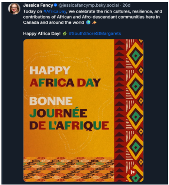 MP Fancy’s Africa Day post, #SouthShoreStMargarets.
