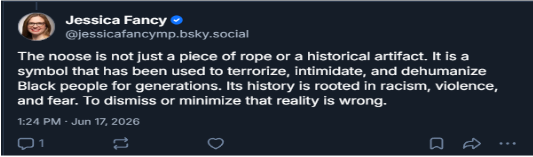 MP Fancy’s post on the noose as a hate symbol, June 17, 2026.